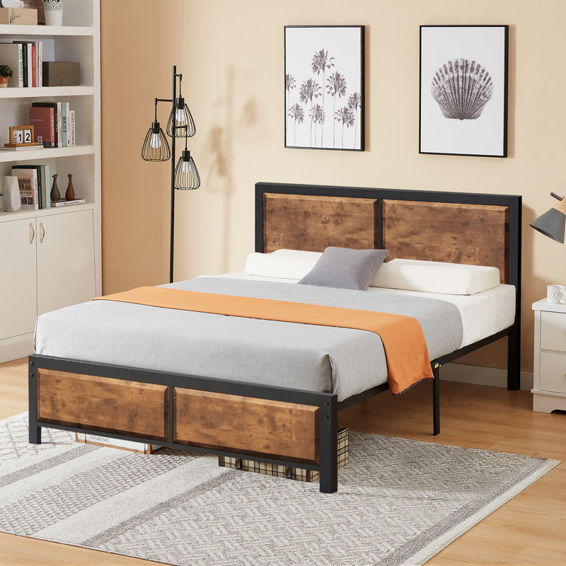 Kempst Platform Bed Frame with Wooden Headboard Heavy Duty Steel Slats Support No Box Spring Needed Twin Black